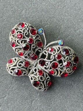 VINTAGE Red Rhinestone Filigree Butterfly Pendant